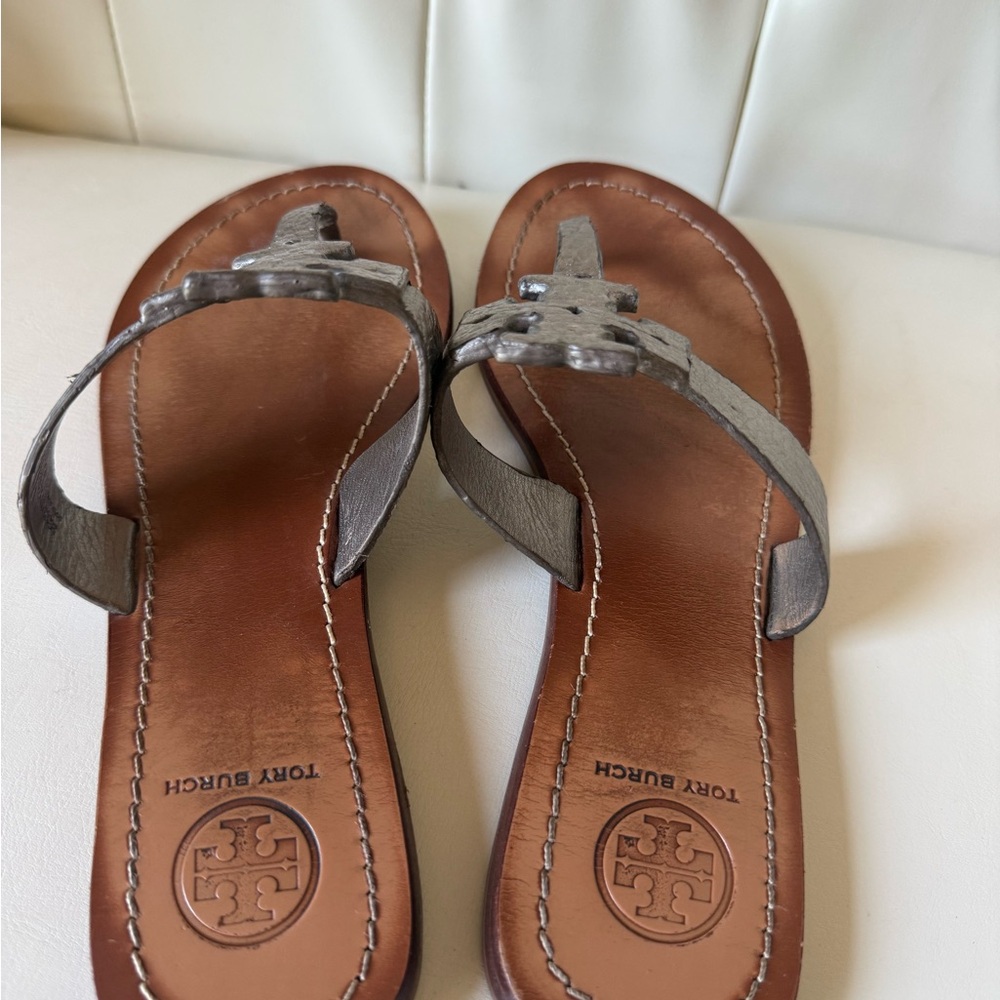 Tory Burch Metallic Silver and Tan Sandals - Picture 2 of 2